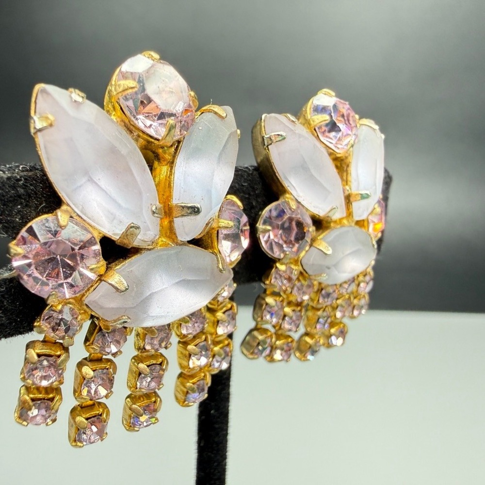 Vintage Frosted Glass Clip On Earrings Lavender Pink Rhinestone Gold Tone MCM